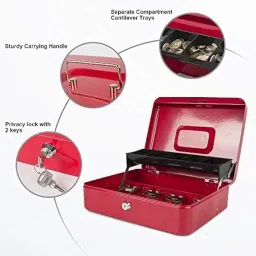 Cash Box with Key Lock, Metal Cash Box with Money Tray, Cash Register,5 Compartments Cantilever Tray & 4 Spring-Loaded Clips for Bills,11.81"x 9.45"x 3.54" (Red - Key Lock) image 2
