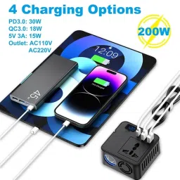 200W Car Power Inverter with 2 USB Ports (18W & 15W QC3.0), 1 USB-C 30W PD, 2 AC Universal Outlets, 12V DC to 220V AC Converter for Laptop, Phone, and Electronics Charging (Plug Car Charger) image 1