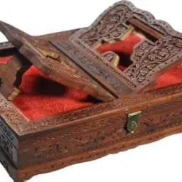 Handmade Wooden Rehal Full Carving Design Rosewood Rectangular Holy Book Stand with Red Velvet Interior for Quran Ramayan Bible Gita Ved Guru Granth Sahib (Brown, Carving Design) image 4