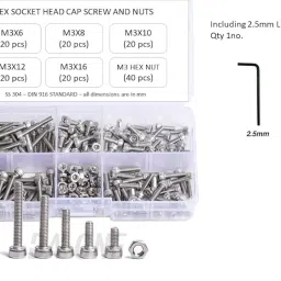 TRO -140 pcs - Hex Socket Screw Set - SS304 -M3 (3MM) - Length (M3X6, M3X8, M3X10, M3X12, M3X16) - M3 Hex Nut - 2.5mm L allen key image 2