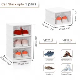 ABOUT SPACE Sneaker Box- 3 Tier Shoe Rack | Collapsible Shoe Organiser With Door-Foldable Sneaker Crates Footwear Organiser For Men, Women, Heels, Boots, Loafers, Sneakers, Slippers (White) - Plastic image 1