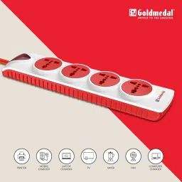 Goldmedal Essenza Plugged-in 4x1 Power Strip – White (Pack of 1), 4 Outlet International Sockets, 2 Meter Cable, Individual Switch with Indicator for Home & Office image 2