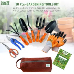 Anandi Green's Metal Agriculture Gardening Tools Kit-10 Pcs (Cultivator, Fork, Trowels, Weeder, Garden Gloves, Pruner Cutter, Scissors, Seeds Packet, Tool packet) | Gardening Tools Set For Home Garden image 1