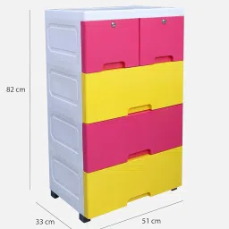 The Tickle Toe Plastic Chest of 5 Drawers | Kids Storage Organizer for Clothes & Toys | Lockable & Portable Cabinet | 51L x 33W x 82H cm | Yellow & Pink image 1