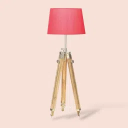 VINTAGE MART...Wooden Tripod Floor Lamp with Pink Shade, Adjustable Height, Chrome Hardware image 1