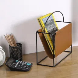 OGFC 51541 Compact 11 Inch Modern Magazine Holder with Industrial Matte Black Metal Frame and Caramel Brown Leatherette Sling, Tabletop or Floor Standing Storage Organizer image 4