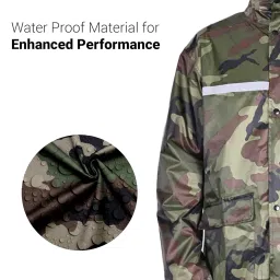 Pivalo Reusable 100% Waterproof Unisex Raincoat Imported Seam Sealed Military Print Snow Suit Windcheater Transparent Face Shield & Detachable Hood for Bikers Hiking Traveling Size- XL, Green image 1