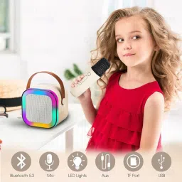 Wembley Rechargeable Karaoke Mic with Speaker for Singing | Wireless Mini Portable Bluetooth Speaker with Microphone & LED Lights | Cute Birthday Gift for Kids Musical Toys for Boys, Girls and Adults image 2