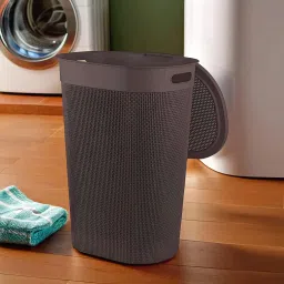 Kuber Industries Plastic Big Large Multipurpose 55 Ltr Washing Clothes Storage Basket with Lid & Handle | Waste Clothes Laundry Basket/Hamper Bins for Blankets, Toys, Bathroom & Bedroom | Brown image 1