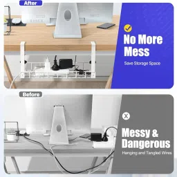 Heavy Duty 1 Pack Under Desk Cable Management Tray, Upgraded Wire Management No Drill No Screws, Cable Tray with Clamp for Desk Computer Cable Rack for Office, Home - No Damage to Desk (WHITE, 1 PACK) image 3