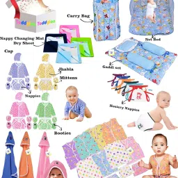 Toddylon 56 PCS Newborn Baby Gift Set | All-in-One Infant Essentials Combo Kit with Mattress, Dry Sheets, Jhablas, Nappies & More | Unisex Baby Care Pack (Multi-Colour) (Blue-5) image 1