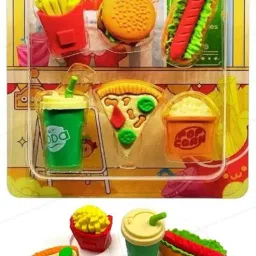 SHAKTISM Fast Food Themed Erasers and Sharpener Set, Party Return Gift, School Supplies, Mix Shapes Including Burger, Fries, Pizza image 2