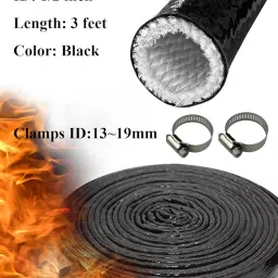 YAMAKATO 1/2" ID Heat Shielded Fire Thermo Armor Fire Sleeve Silicone Coated Fiberglass Heat Protection w/ 2 Clamps for Automotive Hose Lines & Electrical Wiring (Black, 3FT） image 2