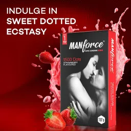 Manforce Xotic Strawberry Flavoured Extra Dotted Condoms for Men | Dotted for Her Stimulation | Lubricated Latex Condoms | 10 Pcs x Pack of 6 image 2