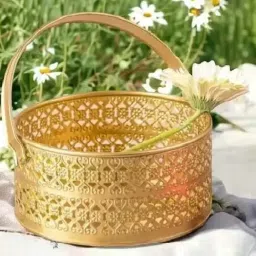 Spangle Zone Metal Round Flower Basket with Handle – Gold Decorative Basket for Puja, Dining Table, Home Décor, and Fruit Arrangement image 1