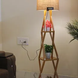 Finautica Wooden Italian Wooden Crafter Standard Size Floor Lamp New Cross Design With Khadi Lamp Shade, Bulb And Holder, pack of 1 image 3