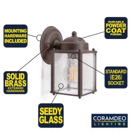 CORAMDEO Outdoor Farmhouse, Square Bus Light for Porch, Patio, Patio, Barn, Wet Location, Standard Medium Base Socket, Durable Rustic Bronze Finish and Spicy Glass image 2