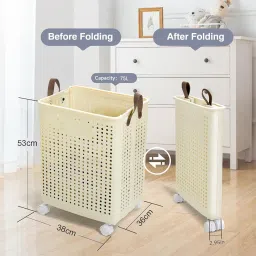 House of Quirk Collapsible Laundry Basket with Wheels and Handle, Plastic Foldable Laundry Hamper, 75L Versatile Portable Storage Basket, Durable and Practical for Laundry and Bathroom (Extra Large) image 1