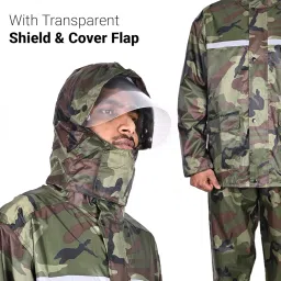 Pivalo Reusable 100% Waterproof Unisex Raincoat Imported Seam Sealed Military Print Snow Suit Windcheater Transparent Face Shield & Detachable Hood for Bikers Hiking Traveling Size- XL, Green image 4