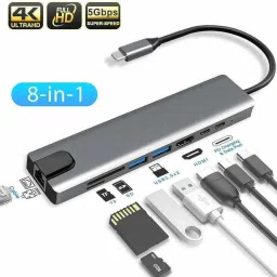 Multipurpose Speed 8in1 USB C Adapter with 4K HDMI, Type C Port, USB 3.0, RJ45 Ethernet, 8in1 USB C Adapter with 4K HDMI, C Port,USB RJ45 Ethernet USB Card Reader, HDMI Connector, Laptop Accessory image 2