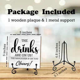 Funny Wooden Sign, The Drinks Are On Us! Cheers! Desk Table Decoration, Gifts For Colleagues, Bosses And Besties, Bars And Pubs Decorations, Women Office Home Decorations And Accessories（5X5In）- A17 image 1