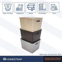HomeStrap Set Of 3 Large Plastic Storage Organizers/Baskets With Lid For Kitchen, Clothes, Multipurpose Vegetables, Toys, Books, Office, Stationery, Wardrobe(Biscuit, Grey, Brown) image 3