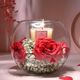 FlowerAura Love Special Fresh Live 6 Red Roses Flowers Bouquet With Glass Candle In Glass Fish Bowl For Valentine's Day & Birthday Gift image 2