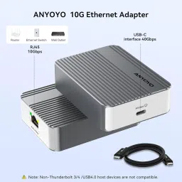ANYOYO 10G Ethernet Adapter RJ45 Port Includes Cable Supports 10/5/ 2.5/1Gbps and 100Mbps Base-T for High-Speed Network Adapter for Router NAS LAN Compatible with thunderbolt5/4/3/USB4 Ports(Sliver) image 1