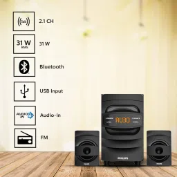 PHILIPS Audio MMS2625B 2.1 Channel, 31 W, Bluetooth Connectivity, Wired Multimedia Computer Speaker, FM, USB, Audio in Speakers, 15mm Subwoofer, Wide Compatibility - MP3 Player, TV, PC (Black) image 1