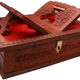 Handmade Wooden Rehal Full Carving Design Rosewood Rectangular Holy Book Stand with Red Velvet Interior for Quran Ramayan Bible Gita Ved Guru Granth Sahib (Brown, Carving Design) image 1
