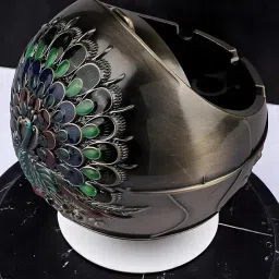 Seven Moon Heavy Duty Windproof Ashtray with Lid for Smokers Stylish Metal Ashtray for Home, Balcony, Outdoor & Car Use Portable, Smokeless & Unbreakable Design – Modern Look (Goldsil Peacock) image 2