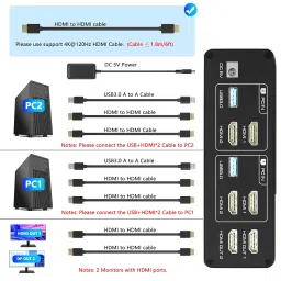 KVM Switch 2 Monitors 2 Computers, HDMI KVM Switches 8K@60Hz, USB 3.0 Switch for 2 PC Share 2 Screens, Support Extended/Copy Mode with Desktop Controller with 2 USB Cables & Desktop Controller image 2