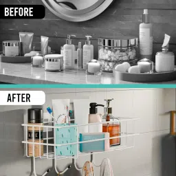 Kuber Industries Metal Self Adhesive Bathroom Organiser with Drill Screws & 4 Hooks | Bathroom Shelf for Wall Adhesive | Bathroom Stand/Rack for Shampoo | Bathroom Accessories Holder | White image 5