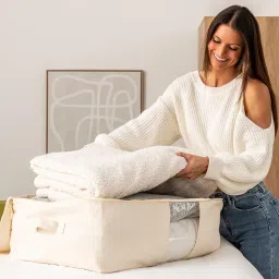 ALPHIT Extra Large Storage Box Soft Canvas Storage Bags with Zipper 4-Carrying Handles and Window 25x19x9 inch Bag for Blankets Pillows,Woman Dresses,Sarees,Lehengas for Wardrobe Organizer (PACK OF 2) image 4