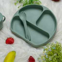 Sproutlets Silicone Feeding Set, 6-Piece Baby Led Weaning Set - Suction Plate, Bear Bowl, Cup, Spoon, Fork and Bib - BPA Free (Olive Green) image 5