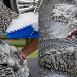 Auto Hub Microfiber Car Cleaning Cloth and Wash Mitt Kit - Includes Ultra Soft 600 GSM Extra Large (30x40 CM) Microfiber Cloth for Car and Dual Sided Chenille Microfiber Wash Mitt 1700 GSM image 1