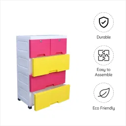 The Tickle Toe Plastic Chest of 5 Drawers | Kids Storage Organizer for Clothes & Toys | Lockable & Portable Cabinet | 51L x 33W x 82H cm | Yellow & Pink image 5