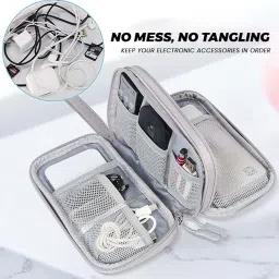 WISHKEY Cable Organizer Pouch, Travel Organiser Bag, Double Layer Storage for USB Cables, Chargers, Earphone, Power Bank, Hard disc & Other Accessories, Durable Nylon Case with Mesh Pockets (Grey) image 2