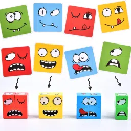 WireScorts® Face Changing Game for Kids, Smiley Emoji Cube, Learning & Educational Blocks Expressions Puzzles Emotion Change Toy 16 Cube and 72 Cards With Bell (Multi Color) image 1