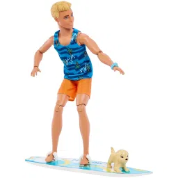 Barbie ​Ken® Doll with Surfboard and Pet Puppy, Poseable Blonde Ken® Beach Doll with Themed Accessories Like Towel image 3