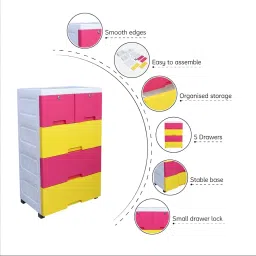 The Tickle Toe Plastic Chest of 5 Drawers | Kids Storage Organizer for Clothes & Toys | Lockable & Portable Cabinet | 51L x 33W x 82H cm | Yellow & Pink image 3