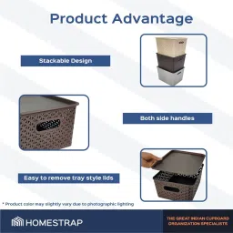 HomeStrap Set Of 3 Large Plastic Storage Organizers/Baskets With Lid For Kitchen, Clothes, Multipurpose Vegetables, Toys, Books, Office, Stationery, Wardrobe(Biscuit, Grey, Brown) image 2