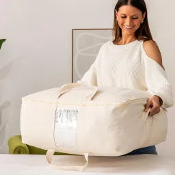 ALPHIT Extra Large Storage Box Soft Canvas Storage Bags with Zipper 4-Carrying Handles and Window 25x19x9 inch Bag for Blankets Pillows,Woman Dresses,Sarees,Lehengas for Wardrobe Organizer (PACK OF 2) image 5