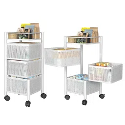 Kuber Industries Kitchen Storage Rack | 3-Tier Square Multipurpose Storage Trolley with Wheels | Revolving Vegetable Rack | Metal Fruit Rack | White image 1