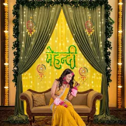 Special You Mehendi Decoration Setup with Yellow & Green Chiffon Like Back drop Curtain for Decoration, Haldi Decoration Items for Home, Mehendi Board Banner, Haldi Mehandi Decoration Items for Marriage- 12 Pcs image 4