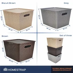 HomeStrap Set Of 3 Large Plastic Storage Organizers/Baskets With Lid For Kitchen, Clothes, Multipurpose Vegetables, Toys, Books, Office, Stationery, Wardrobe(Biscuit, Grey, Brown) image 1
