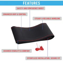 KINGSWAY® PU Leatherite Car Steering Cover Sewable Compatible with Tata Punch (Year 2021 Onwards), Black Color with Red Thread, Pack of 1 with Sewing Needle and Thread image 1