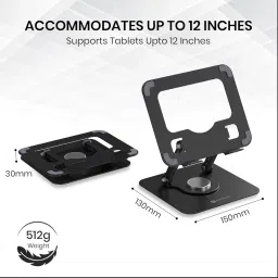 Portronics My Buddy A1, 360° Rotating Metal Tablet Stand with Adjustable Height/Angle, Anti-Slip Pads, Supports Devices Up to 12 Inches (Grey) image 3