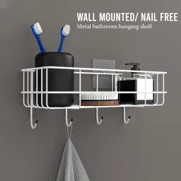 Kuber Industries Metal Self Adhesive Bathroom Organiser with Drill Screws & 4 Hooks | Bathroom Shelf for Wall Adhesive | Bathroom Stand/Rack for Shampoo | Bathroom Accessories Holder | White image 2
