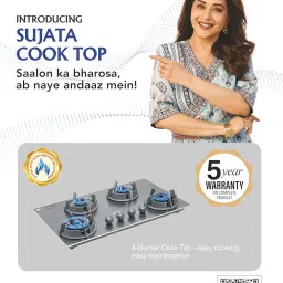 Sujata Hob Top Auto Ignition | 5 Years Warranty | Gas Stove, Hob Gas Stove, Brass Burner (Osmium - 4 Burner AI) image 2